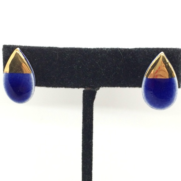 3/$30 PORCELAIN GOLD DIP BLUE GLAZE TEARDROP STUD EARRINGS STERLING SILVER PETAL - Picture 7 of 16